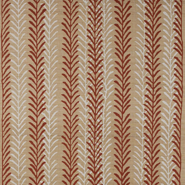 Vertical leafy stripe fabric in terracotta and ivory on a beige ground