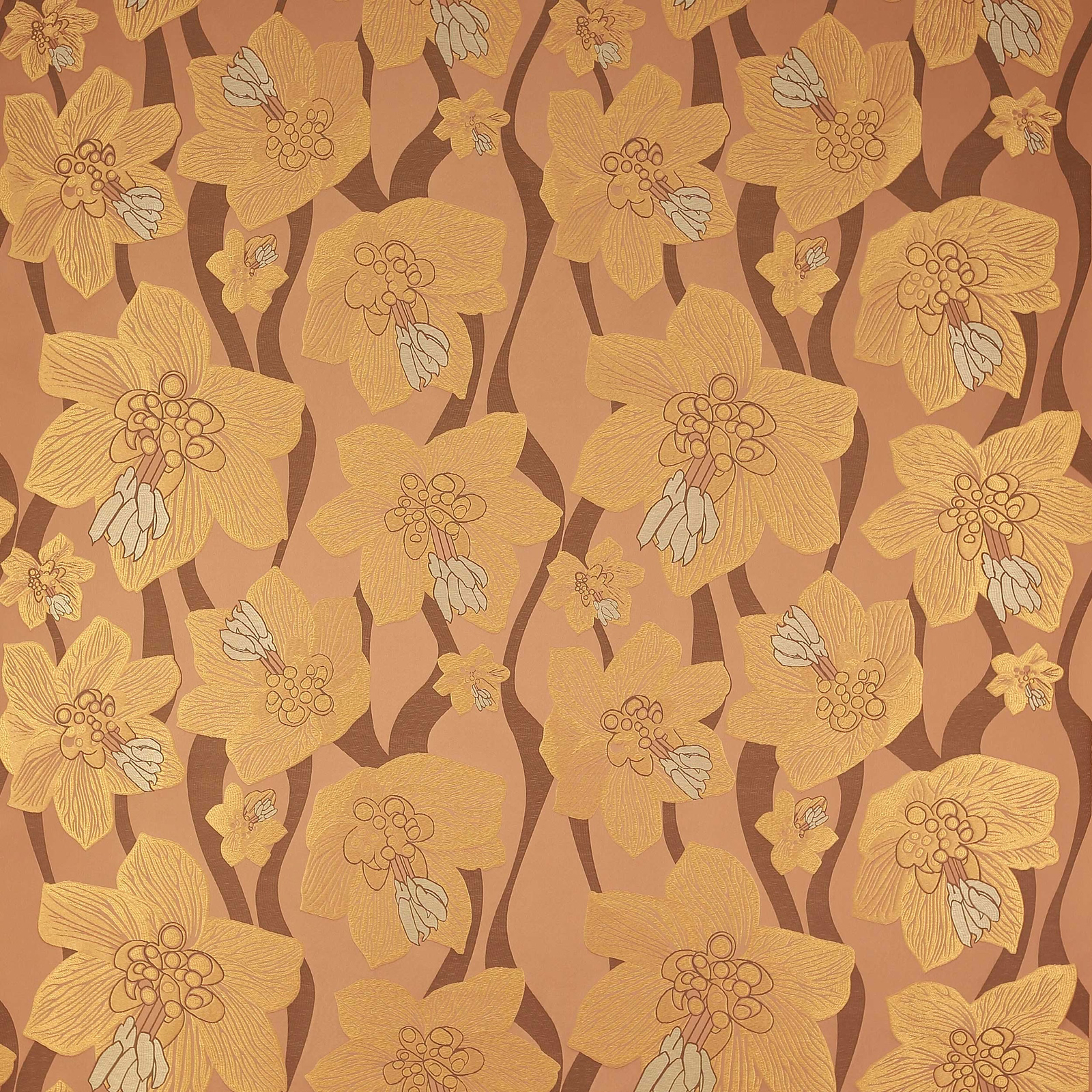 Large stylised floral fabric in copper, gold and cream on a terracotta ground
