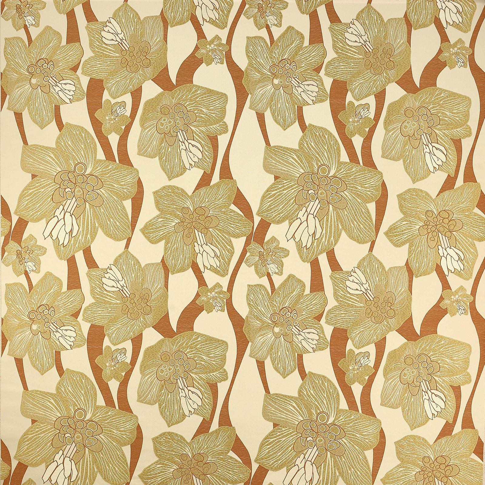 Warm honey-gold floral fabric with cream ground and caramel stems