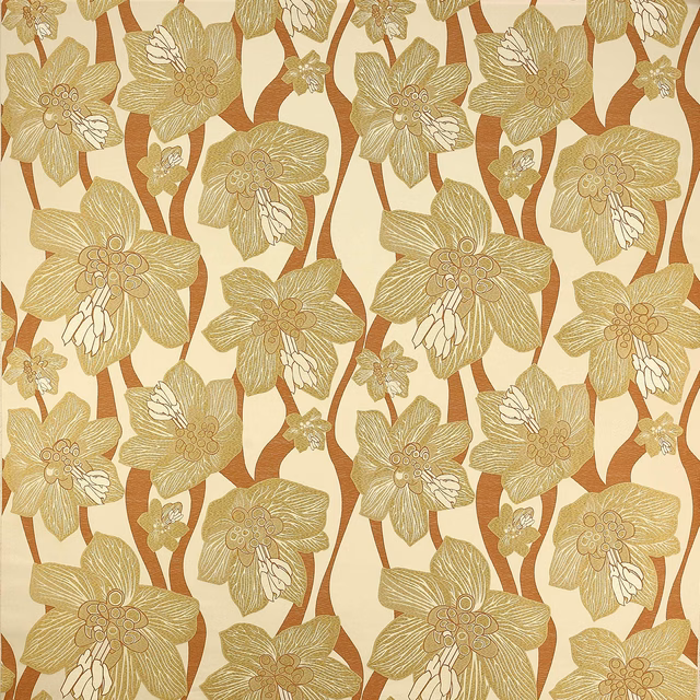Warm honey-gold floral fabric with cream ground and caramel stems