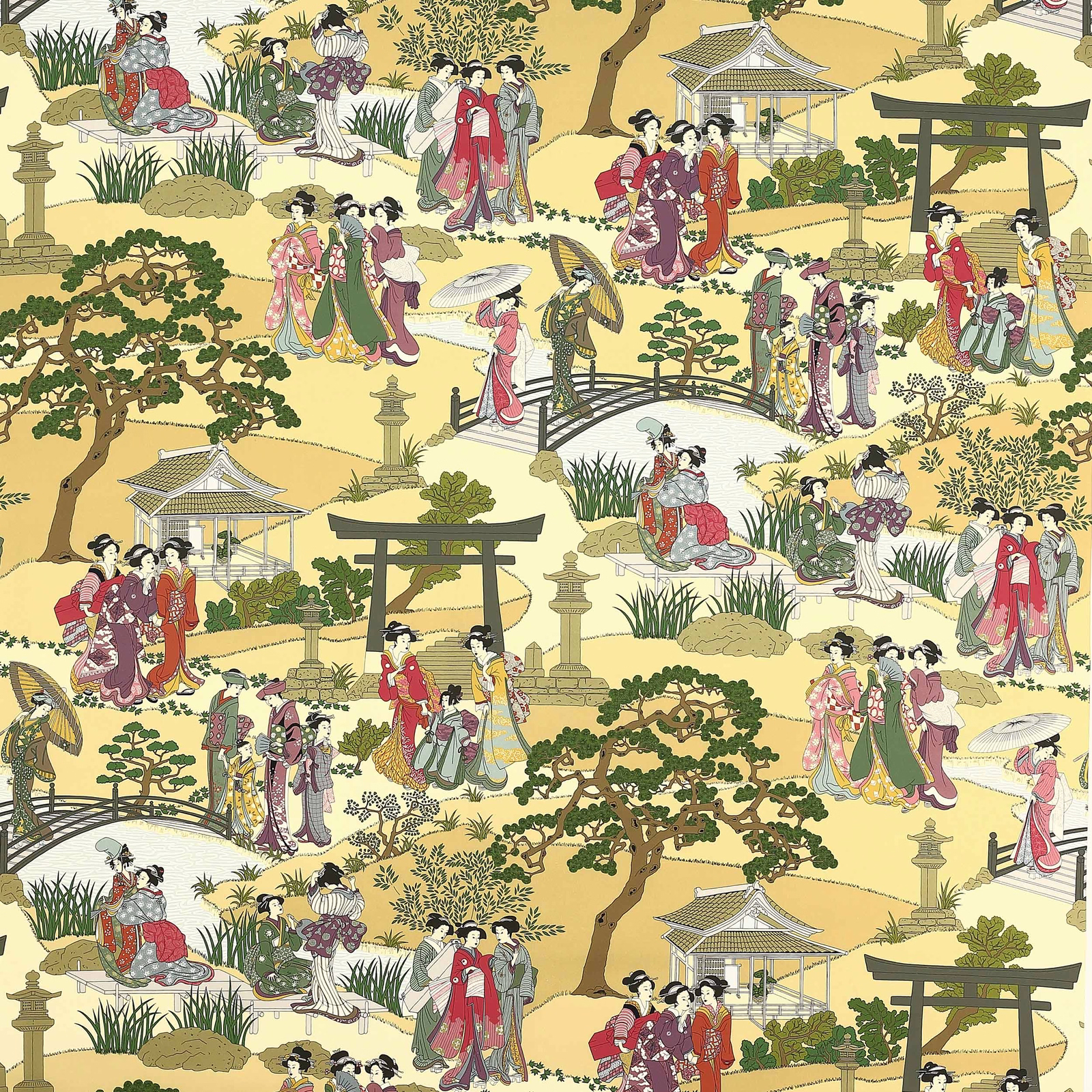 Scenic Japanese-style fabric with figures, gardens and temples on a warm yellow ground