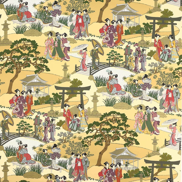 Scenic Japanese-style fabric with figures, gardens and temples on a warm yellow ground