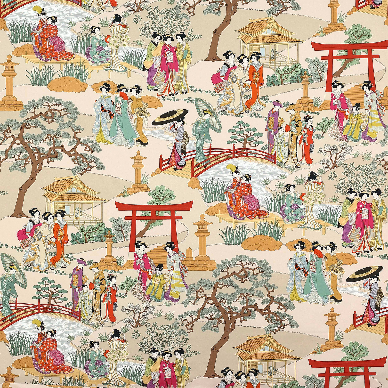 Printed cotton fabric showing geishas, torii gates and Japanese garden motifs in fuchsia and red