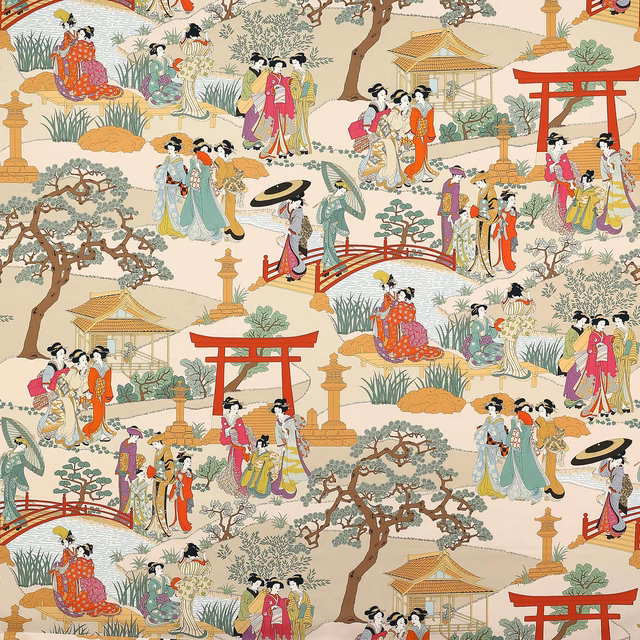 Printed cotton fabric showing geishas, torii gates and Japanese garden motifs in fuchsia and red