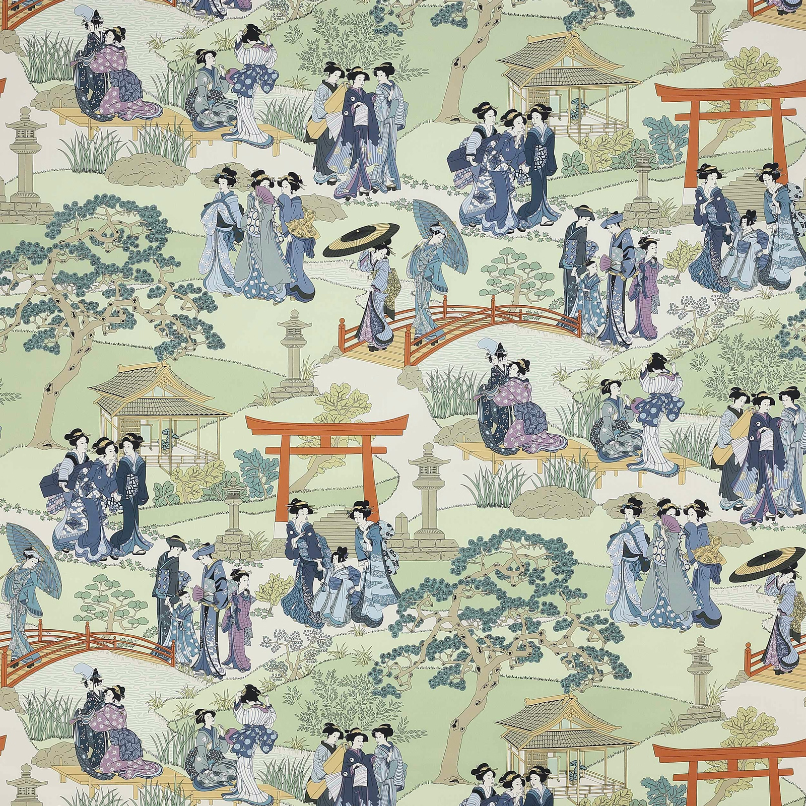 Printed cotton swatch with kimono figures, bridges and torii gates in soft indigo tones