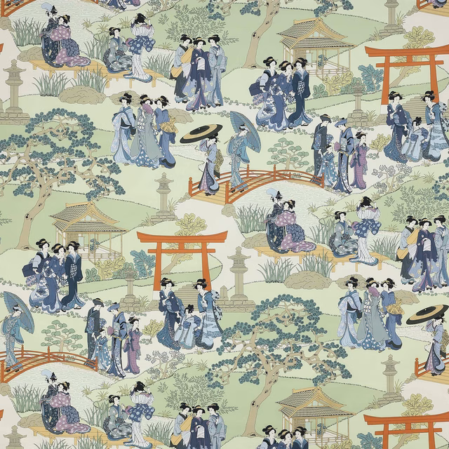 Printed cotton swatch with kimono figures, bridges and torii gates in soft indigo tones