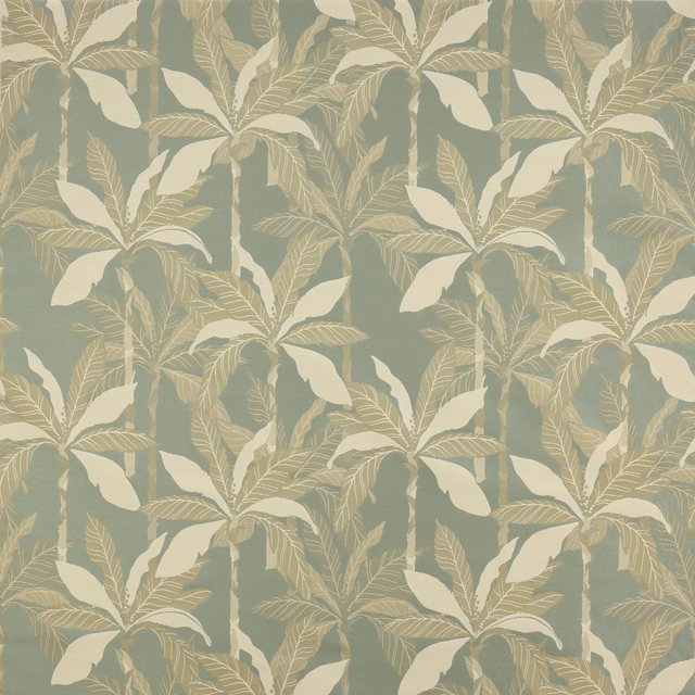 Celadon green leaf-pattern fabric with cream and sage tropical foliage