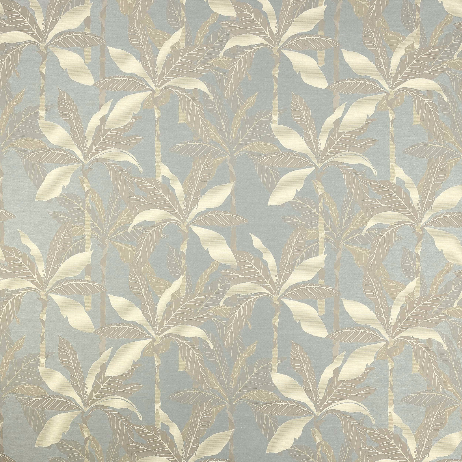 Pale blue botanical fabric with creamy leaves and fine linear foliage