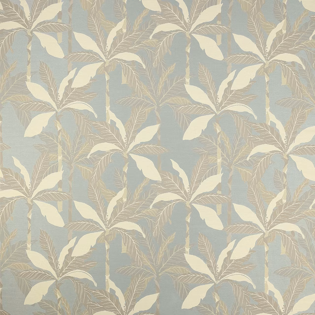 Pale blue botanical fabric with creamy leaves and fine linear foliage