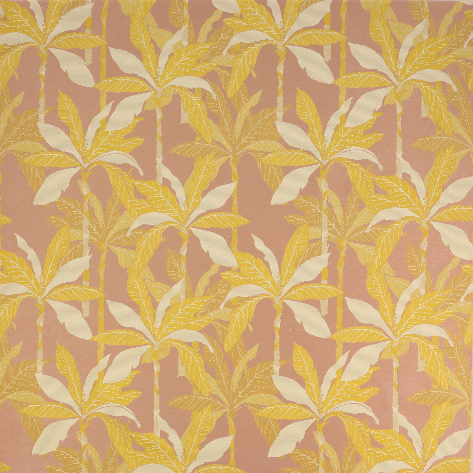 Pink botanical fabric with large cream and yellow palm leaf pattern