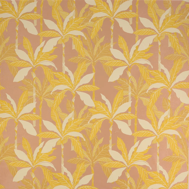 Pink botanical fabric with large cream and yellow palm leaf pattern
