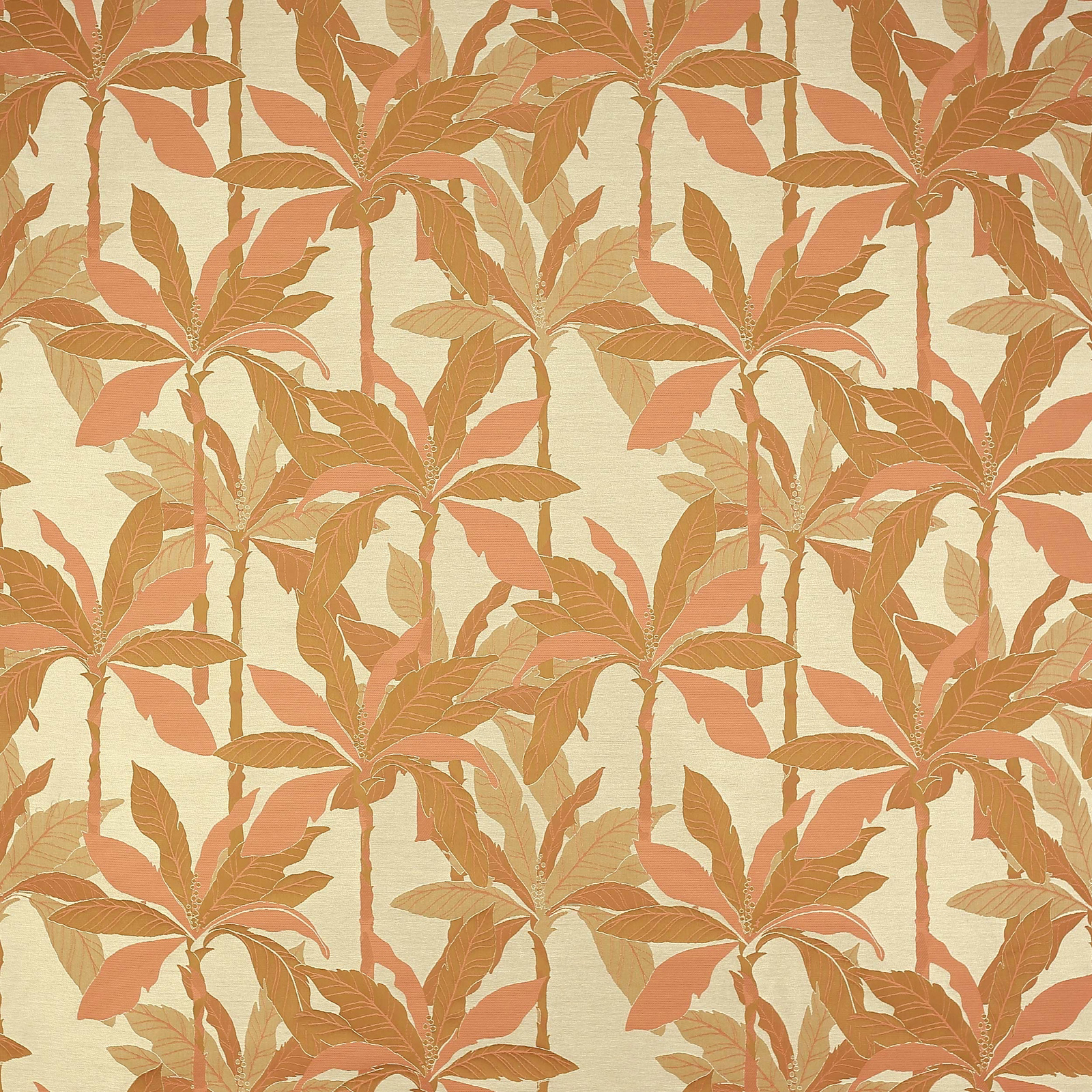Cream fabric swatch with repeated rouille and peach palm leaf pattern