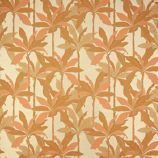 Cream fabric swatch with repeated rouille and peach palm leaf pattern