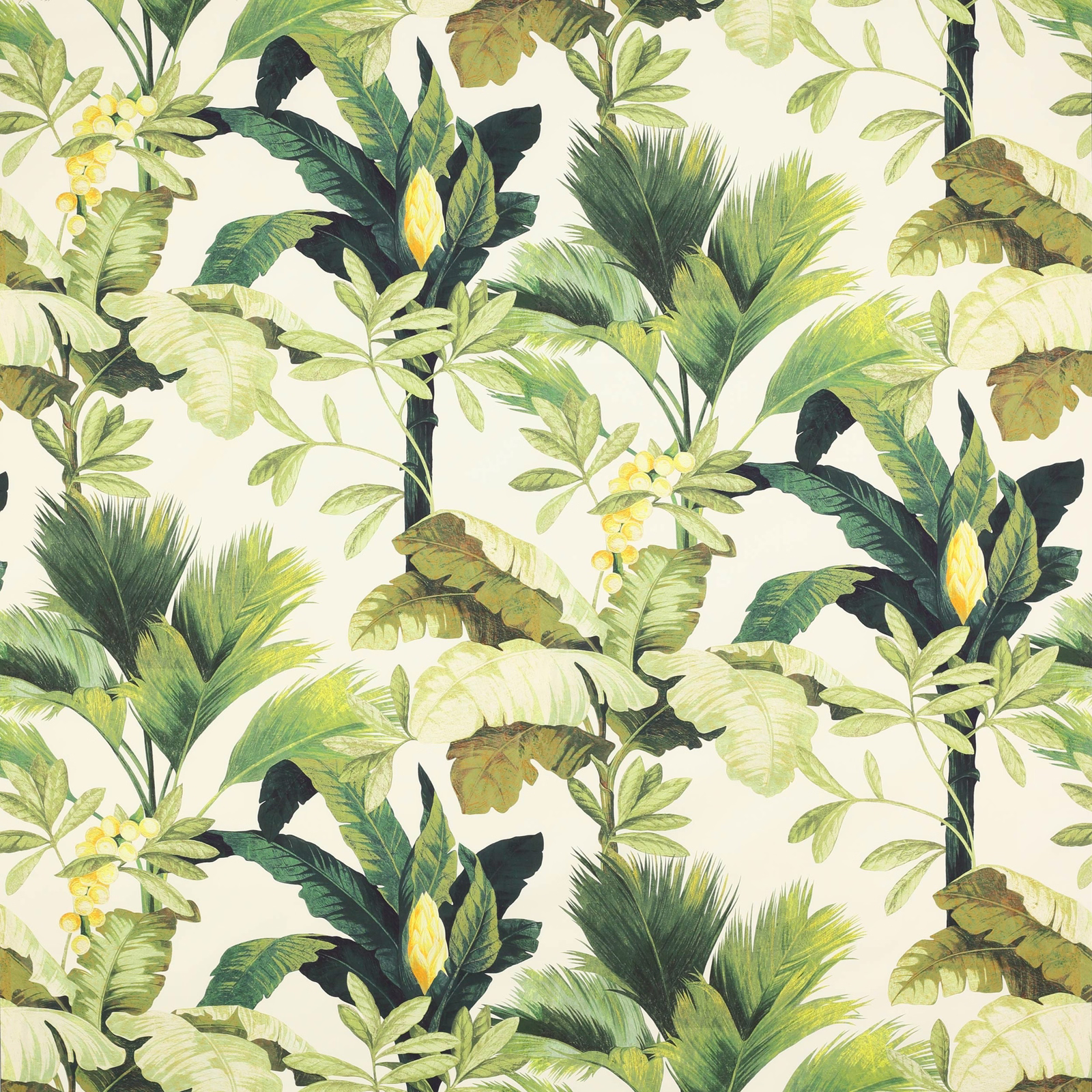 Large tropical leaf print in anis, lime and deep green on ivory cotton
