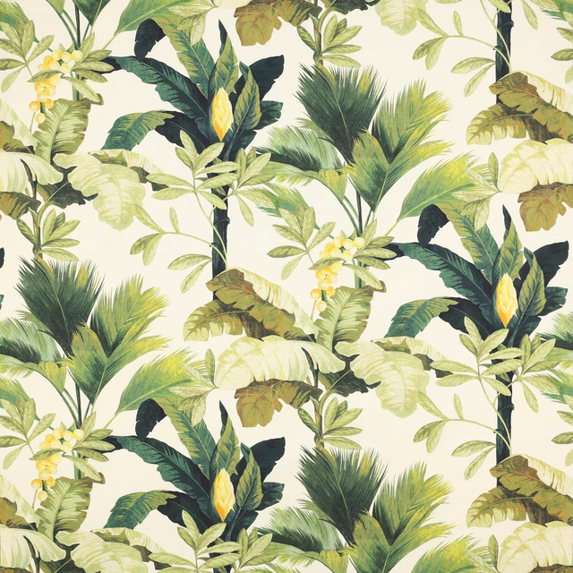 Large tropical leaf print in anis, lime and deep green on ivory cotton