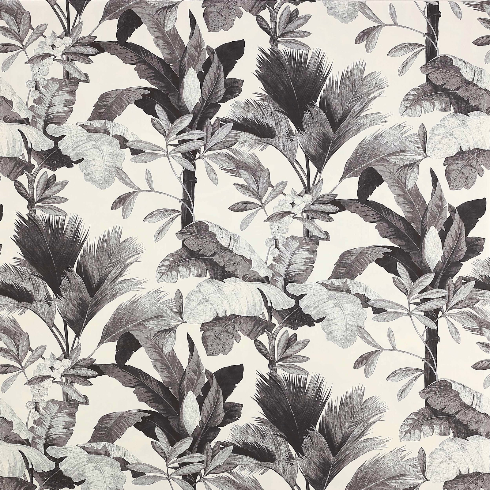 Grey and ivory botanical fabric swatch with large leafy tropical print