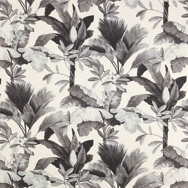 Grey and ivory botanical fabric swatch with large leafy tropical print