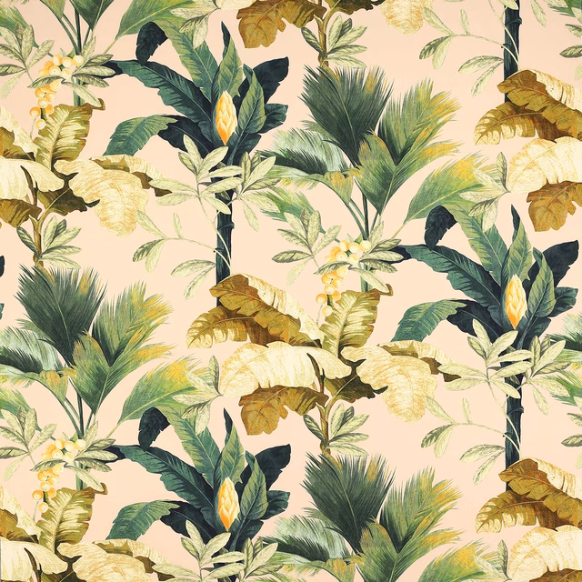 Large tropical botanical print on a soft peach ground with layered green and cream leaves