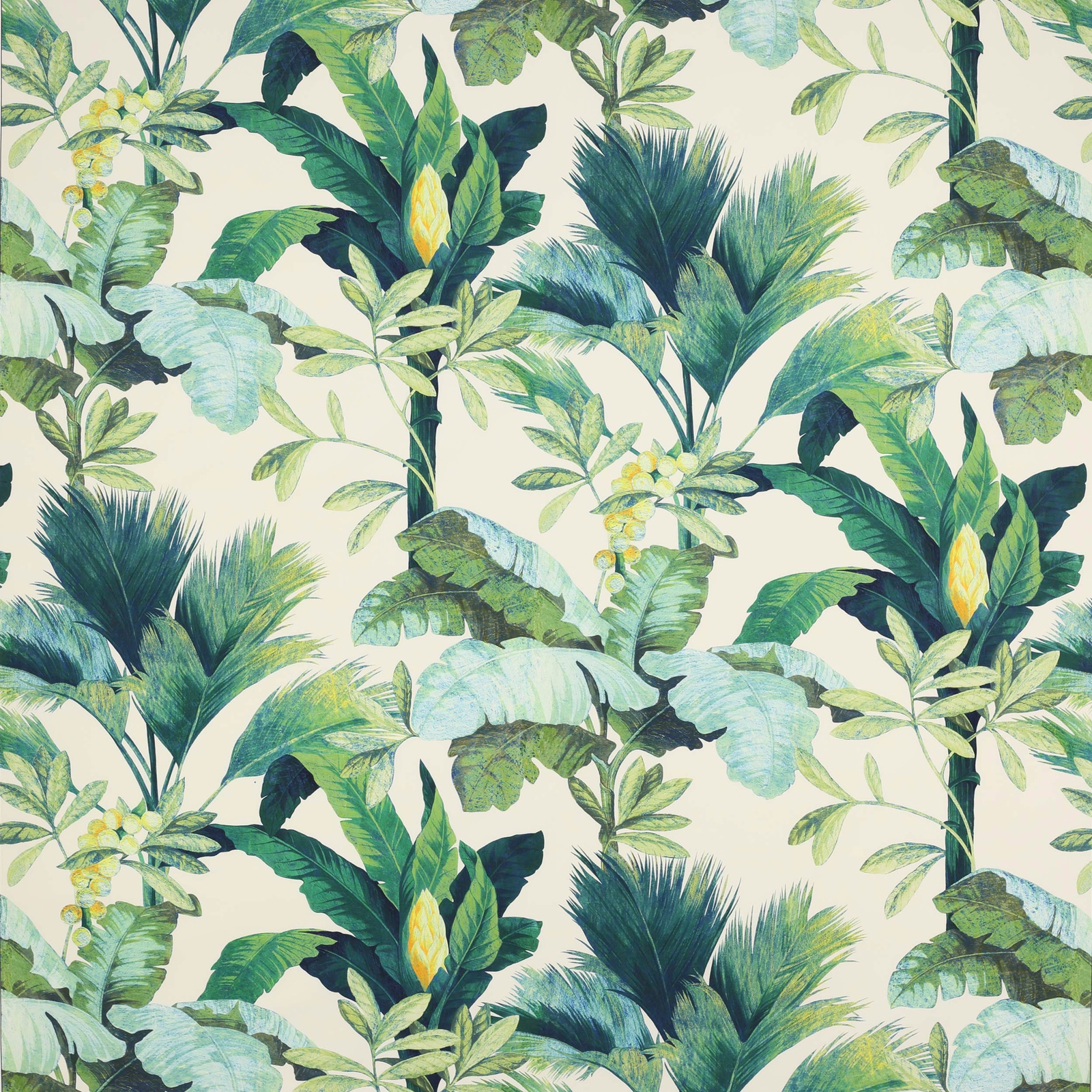 Tropical leafy fabric in green, aqua and cream with large palm motifs