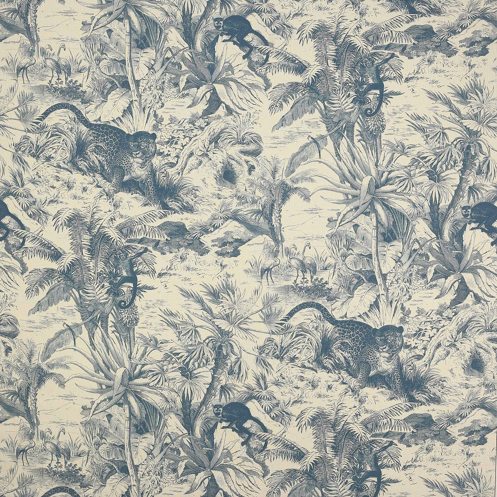 Blue-grey jungle print on pale linen with leopards, monkeys and dense foliage
