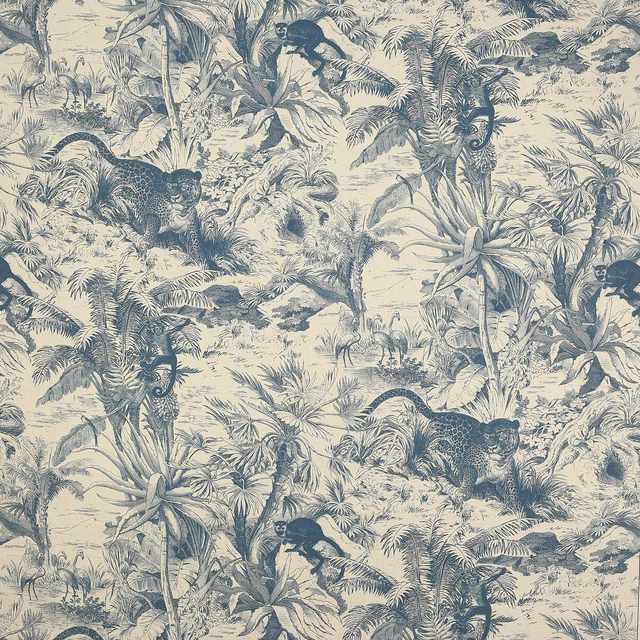 Blue-grey jungle print on pale linen with leopards, monkeys and dense foliage