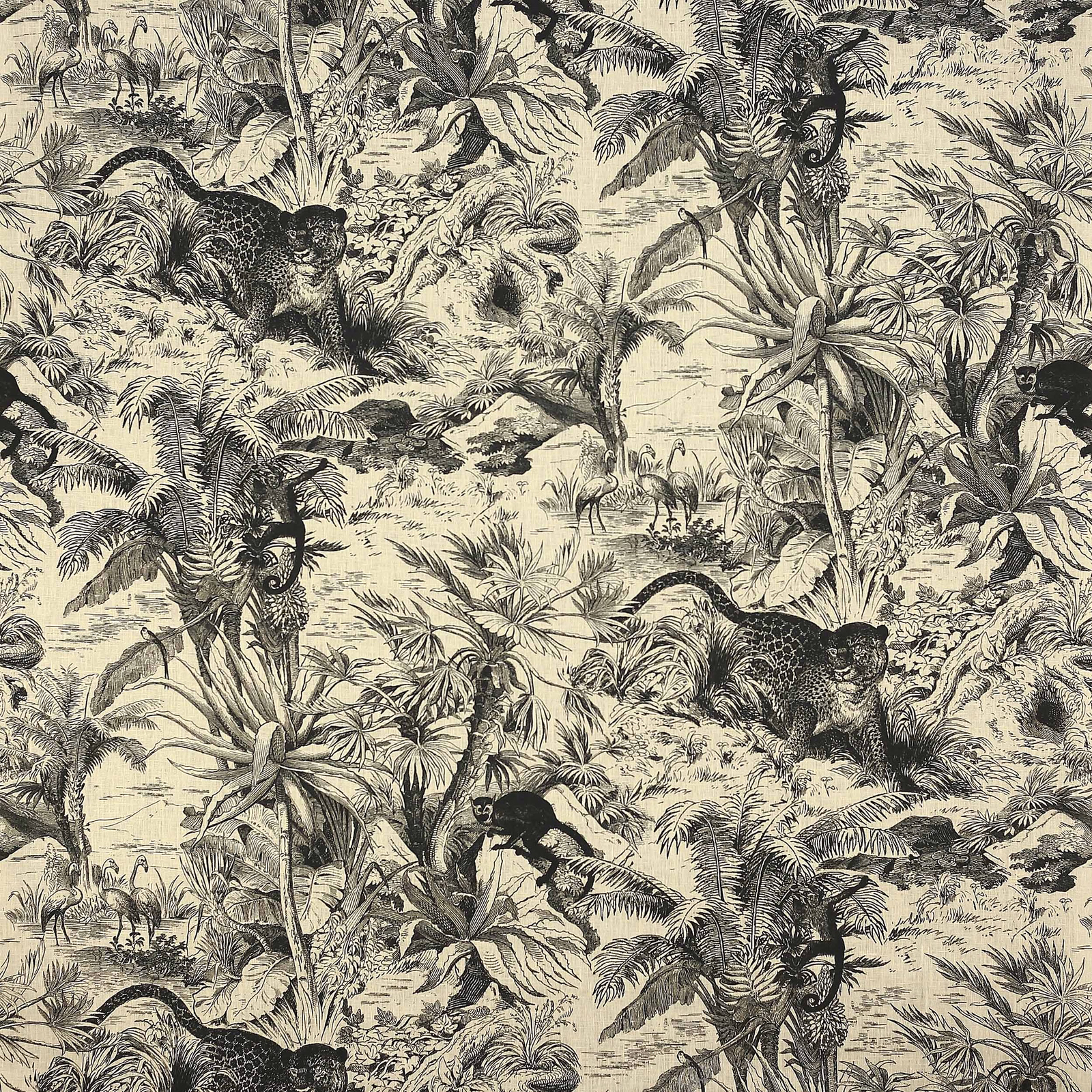 Black jungle animal print on ivory linen fabric swatch