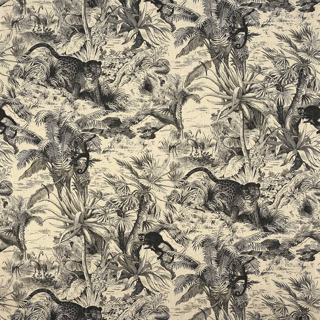 Black jungle animal print on ivory linen fabric swatch