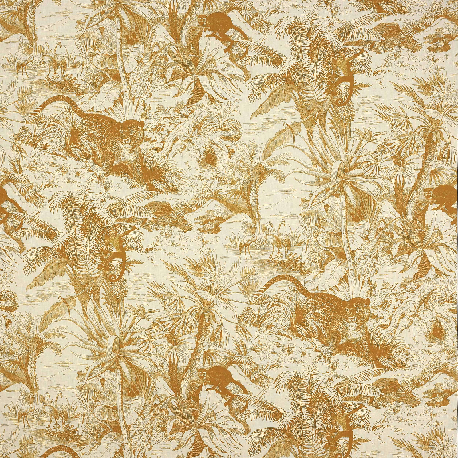 Ochre safari toile linen with leopards, monkeys and palms on ivory