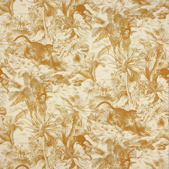 Ochre safari toile linen with leopards, monkeys and palms on ivory