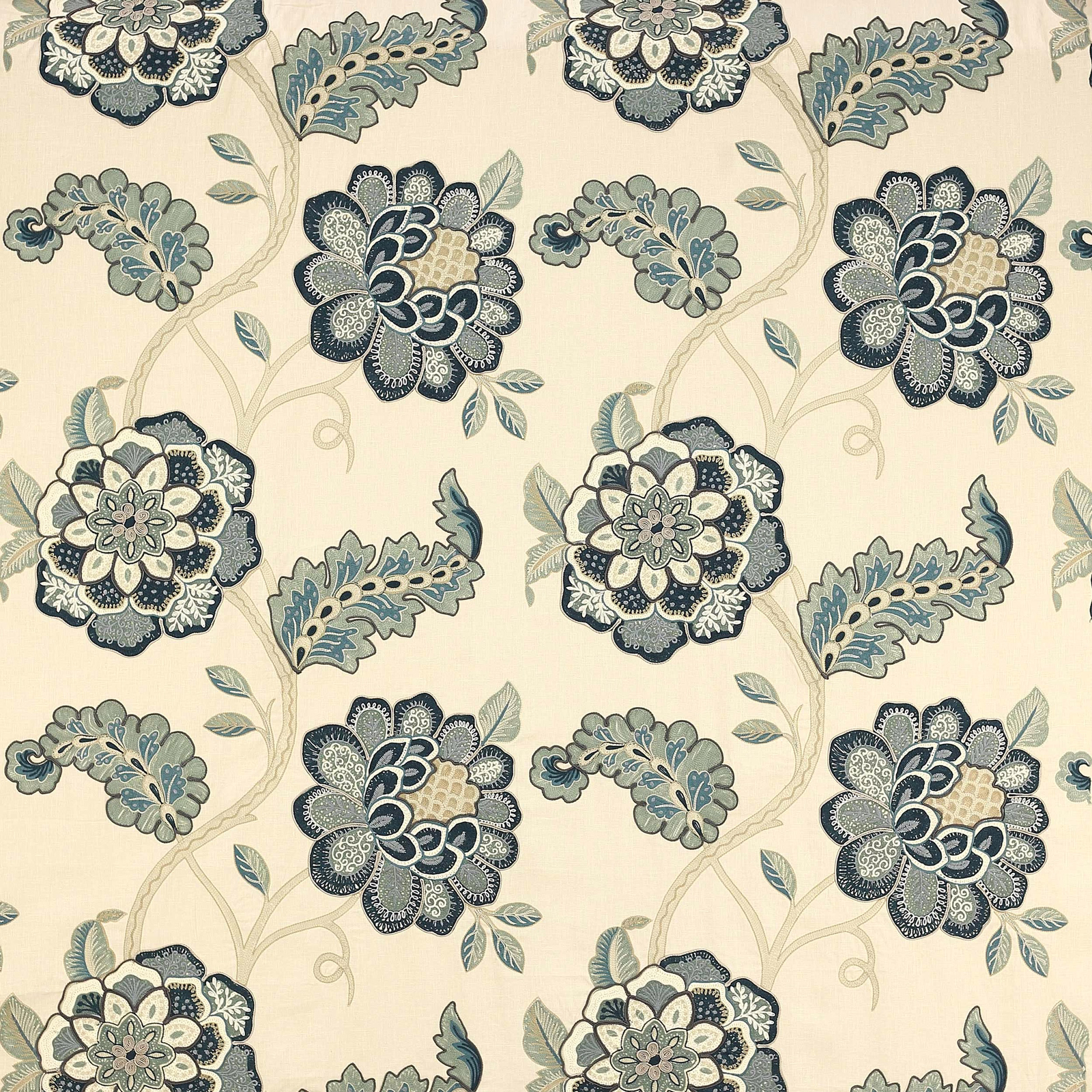 Large indigo and teal floral trail on an ivory woven fabric ground