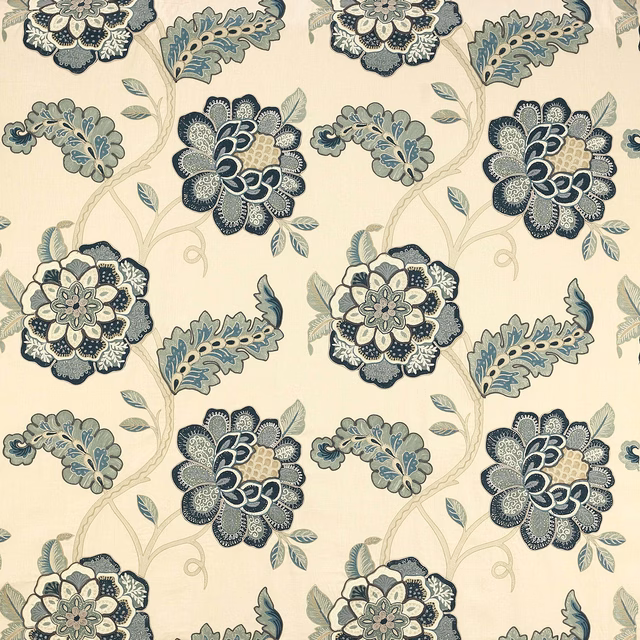 Large indigo and teal floral trail on an ivory woven fabric ground