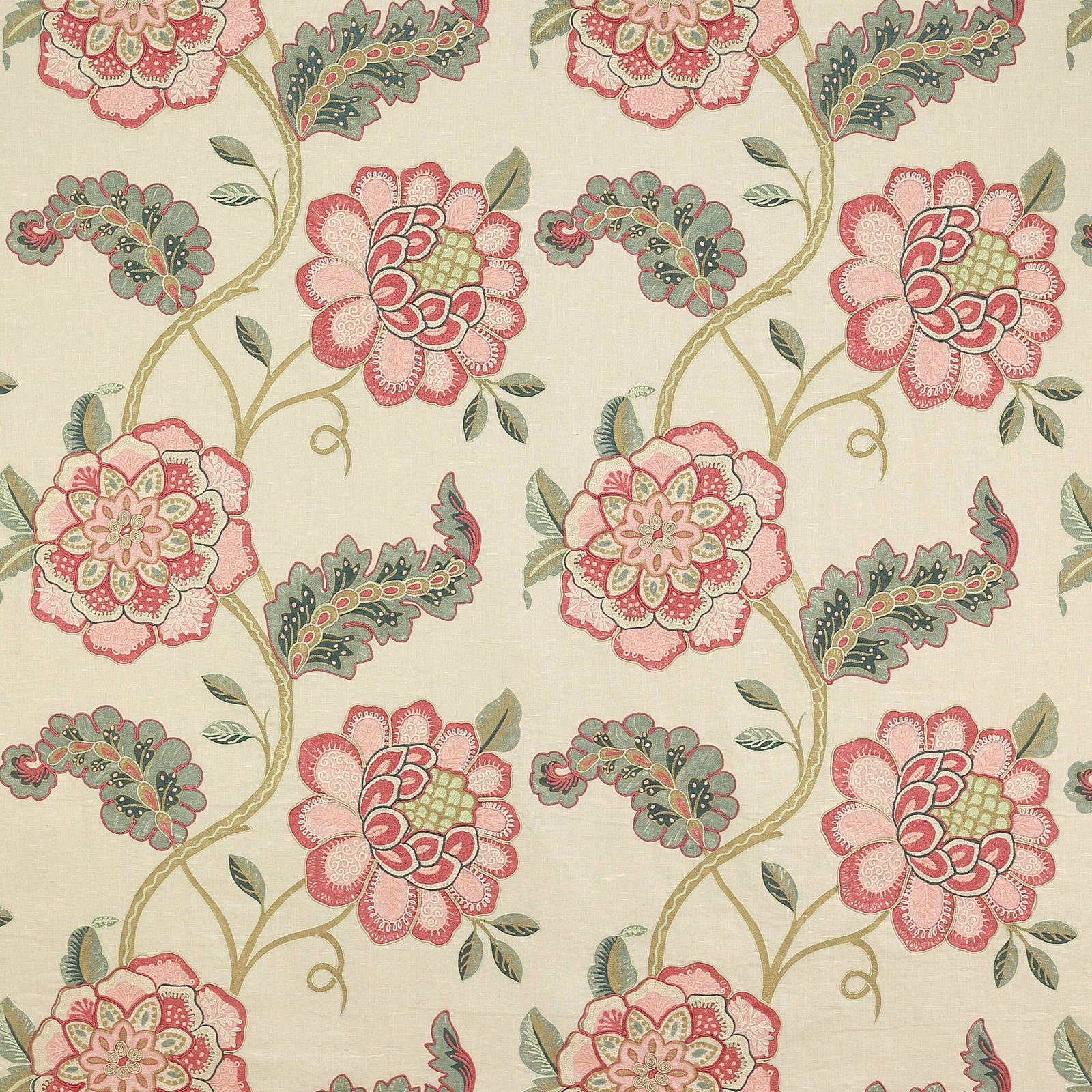 Cream floral fabric with rose pink blossoms and sage green scrolling leaves