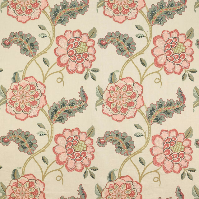 Cream floral fabric with rose pink blossoms and sage green scrolling leaves