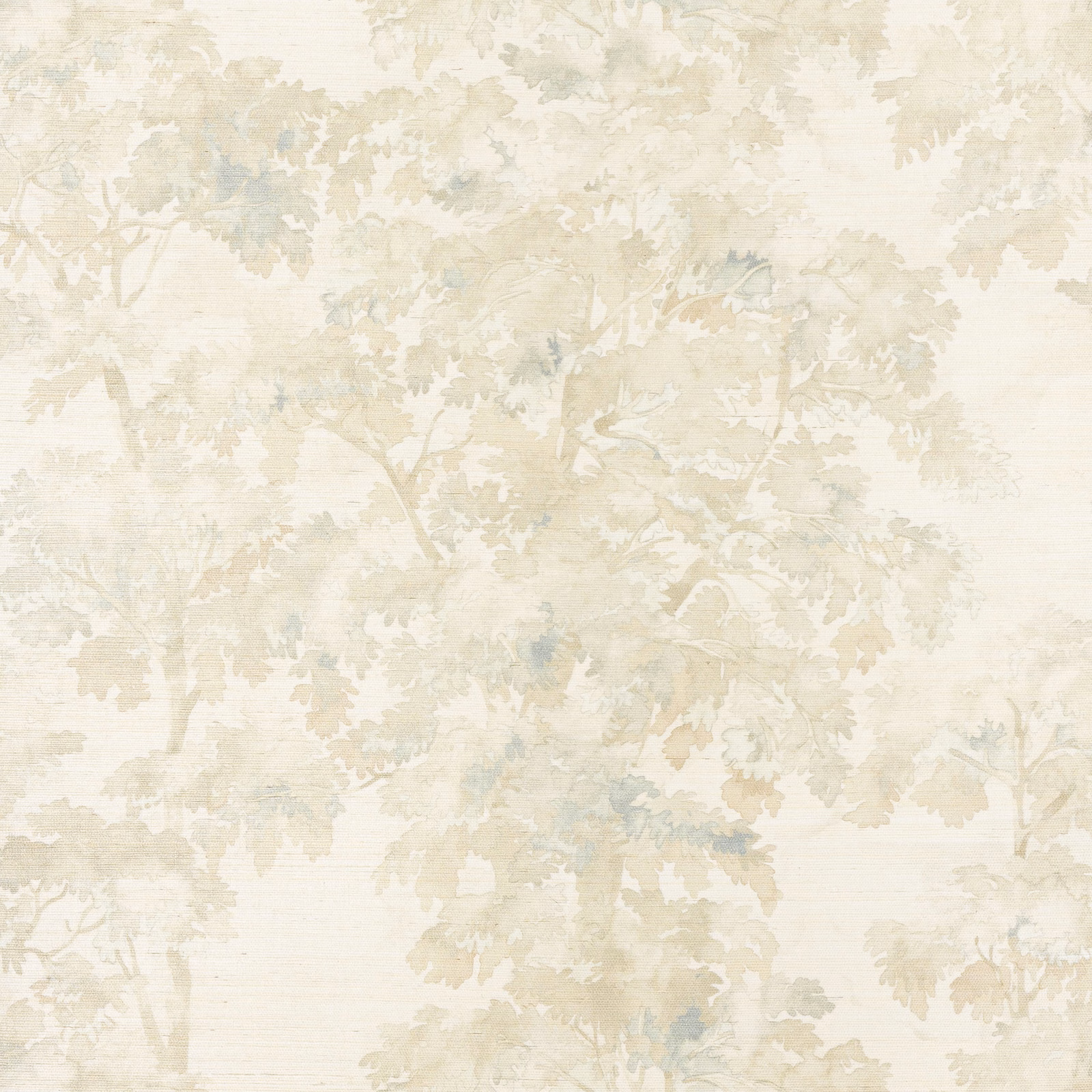 Pale beige sisal wallpaper with faded leafy branches and subtle blue-grey botanical accents