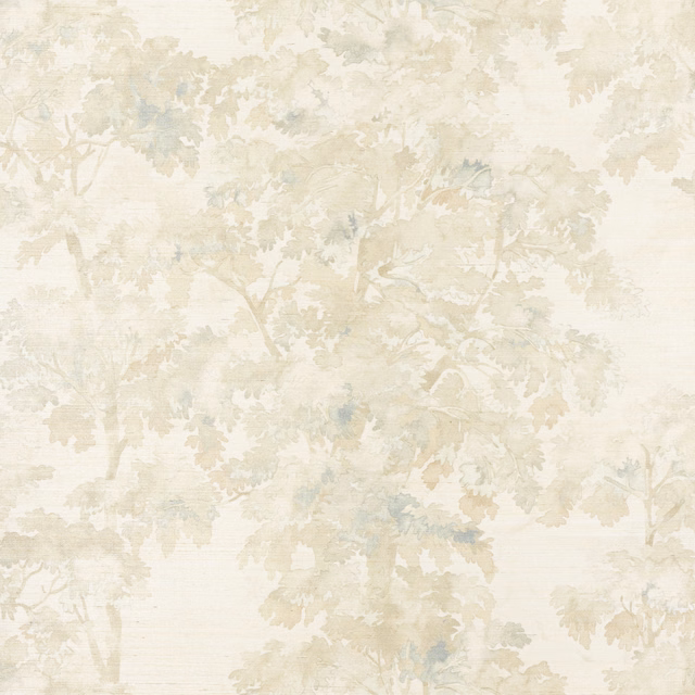 Pale beige sisal wallpaper with faded leafy branches and subtle blue-grey botanical accents