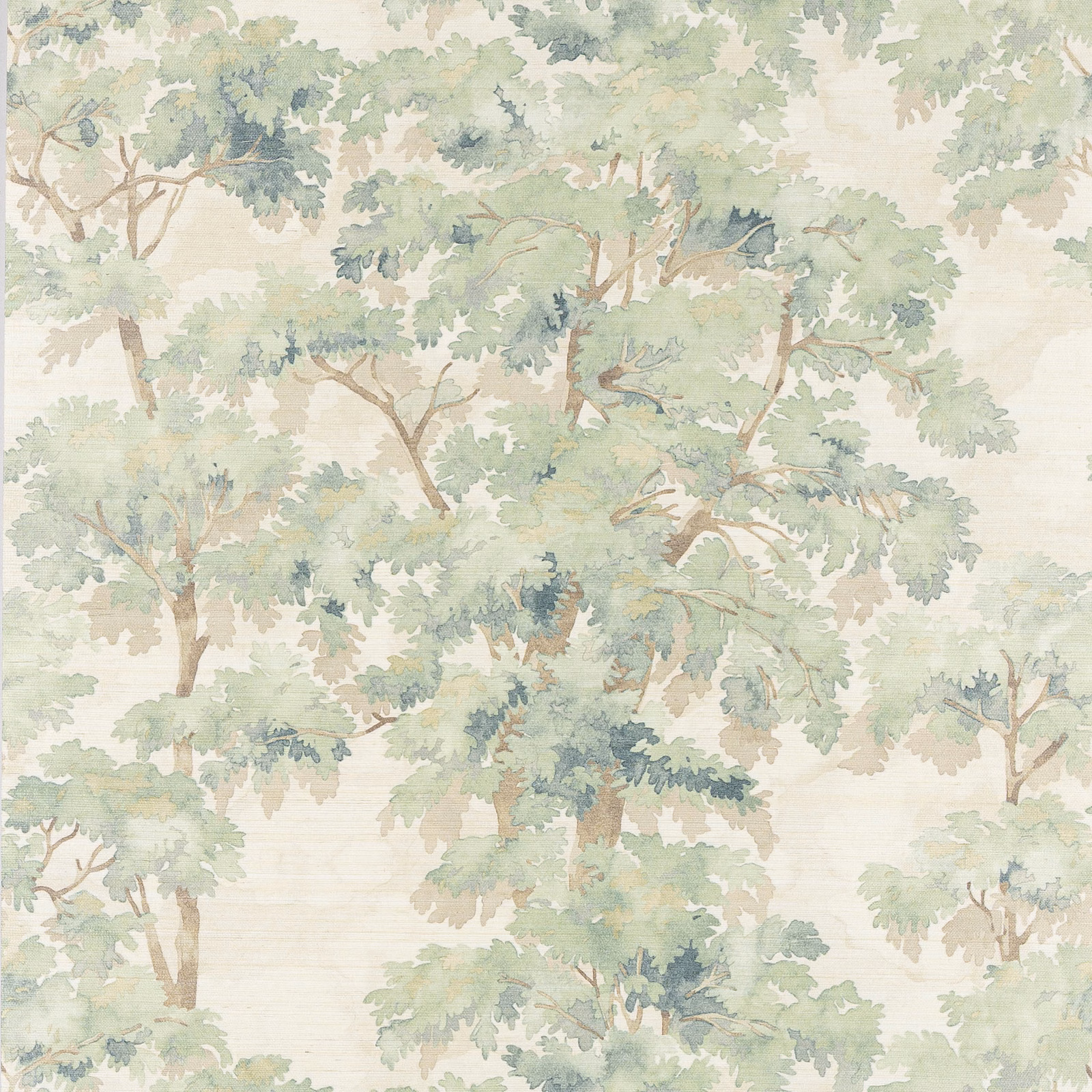 Soft sage green sisal wallpaper with pale woodland trees and layered leafy branches