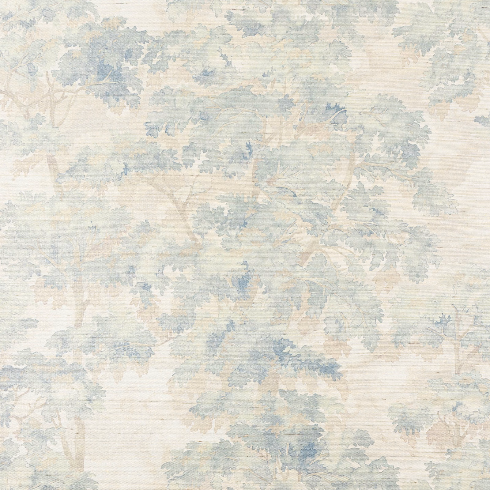 Pale Old Blue and cream sisal wallpaper with softly painted trees and leafy branches