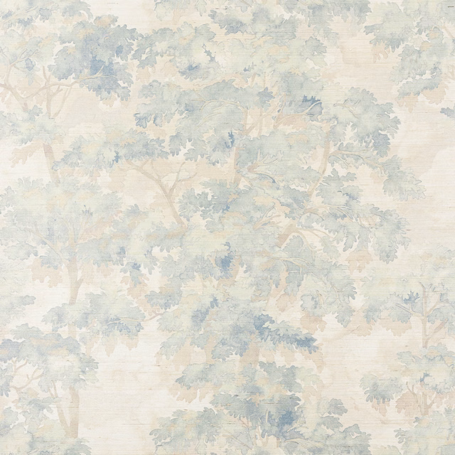 Pale Old Blue and cream sisal wallpaper with softly painted trees and leafy branches