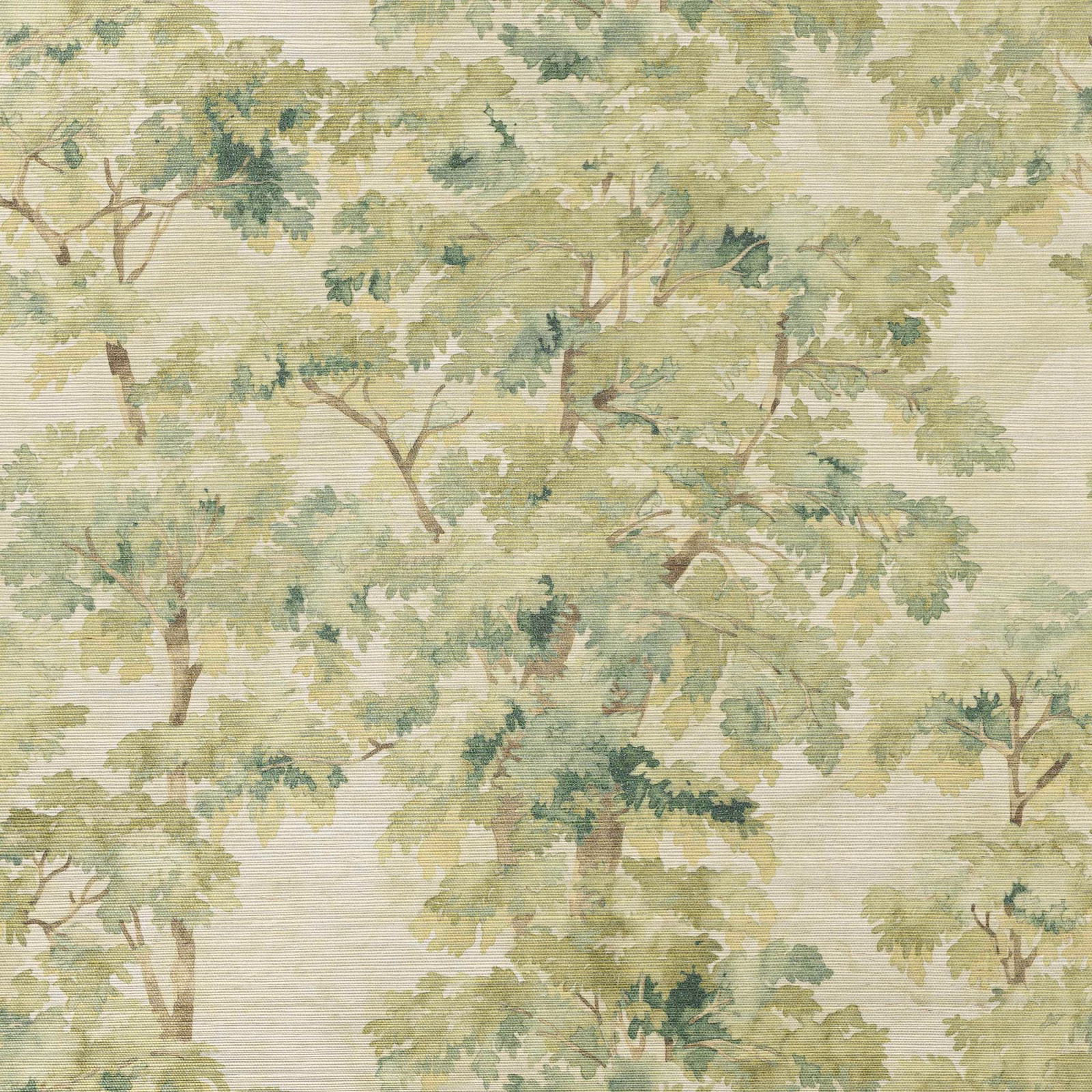 Muted olive sisal wallpaper with layered leafy trees and fine horizontal texture