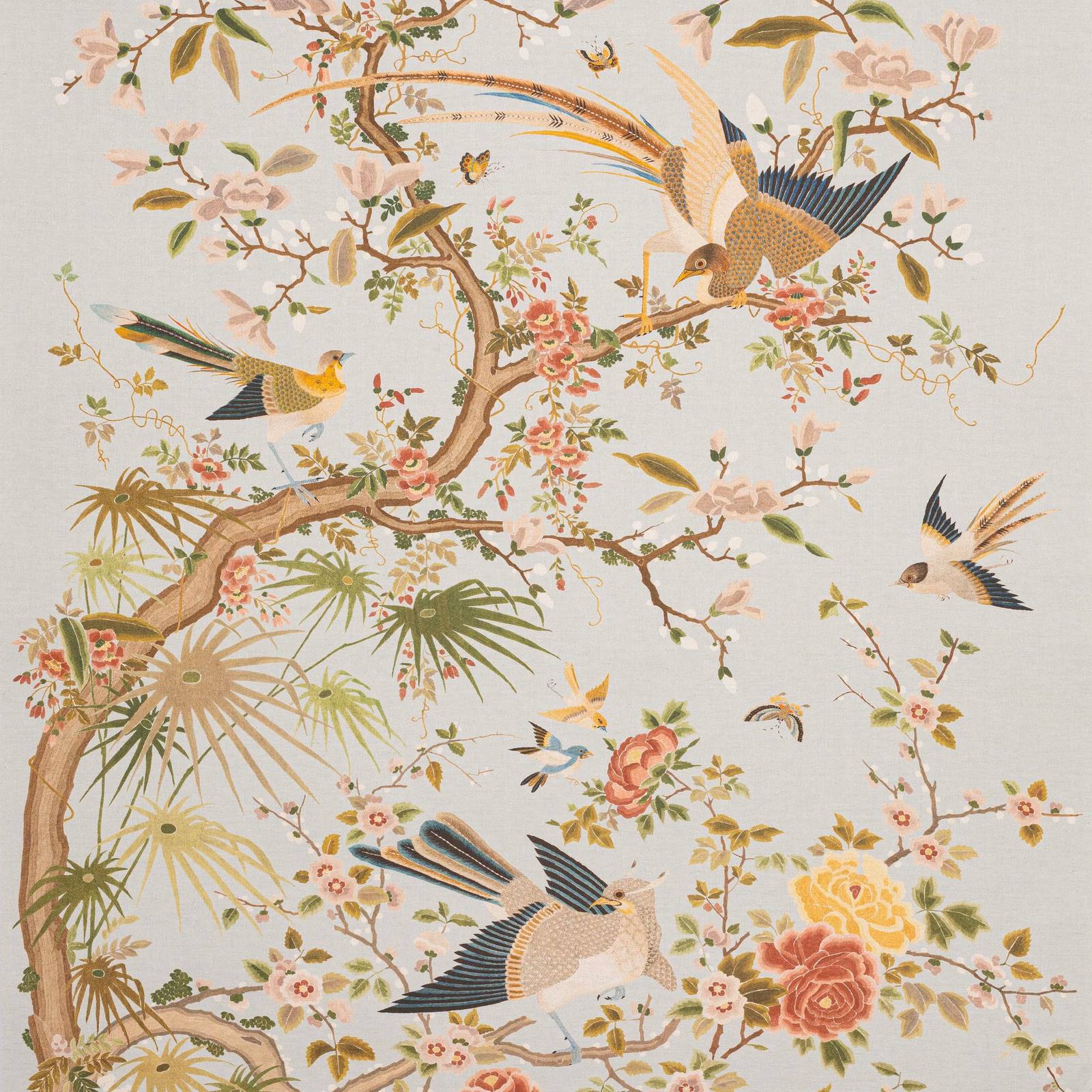 Pale aqua chinoiserie wallpaper with cranes, flowering branches, palms and roses
