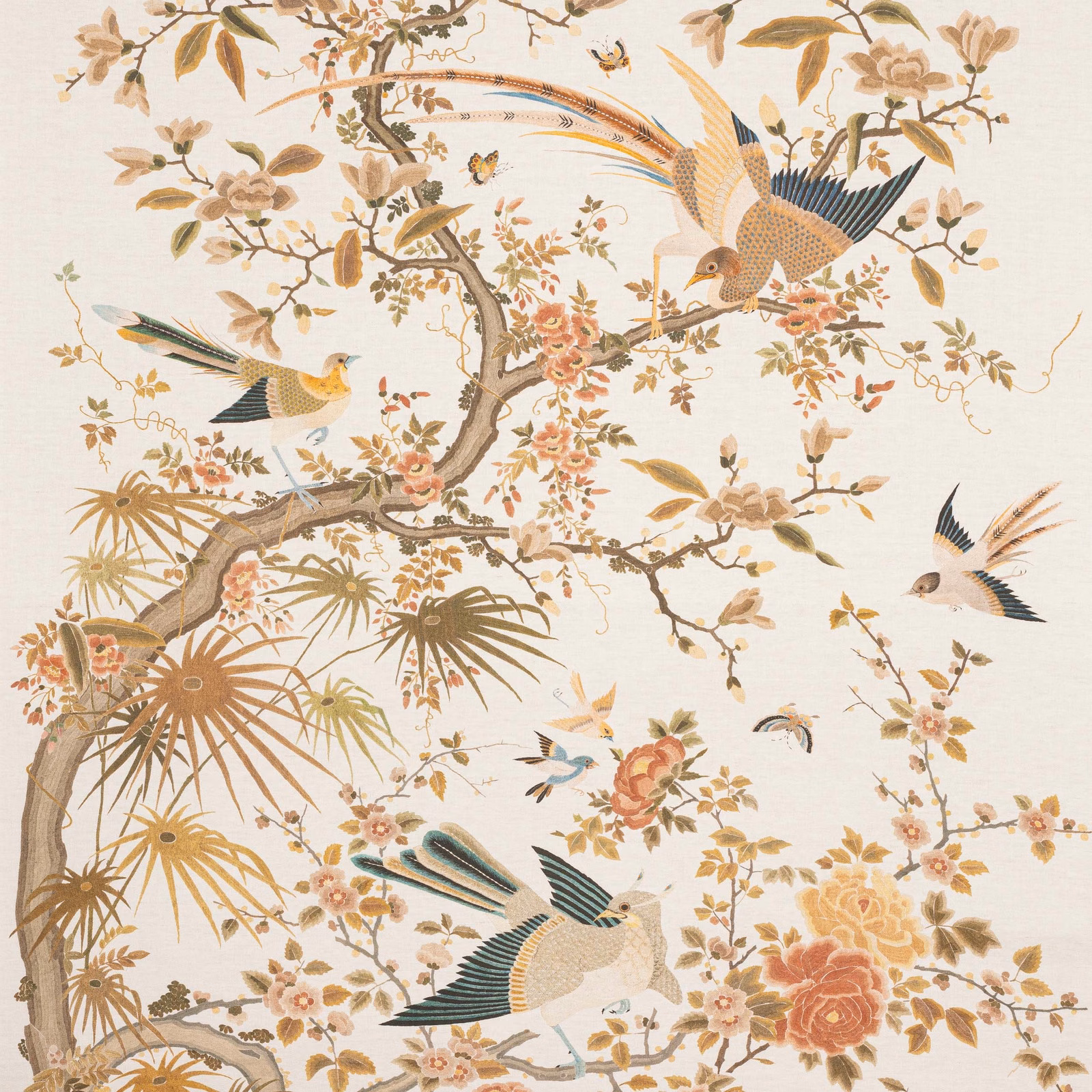 Parchment beige wallpaper with soaring birds, flowering branches and muted chinoiserie foliage