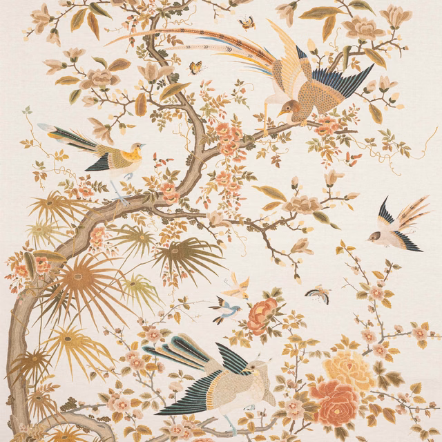 Parchment beige wallpaper with soaring birds, flowering branches and muted chinoiserie foliage
