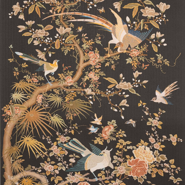Charcoal-black linen wallcovering with birds, blossom branches, palms and muted coral flowers