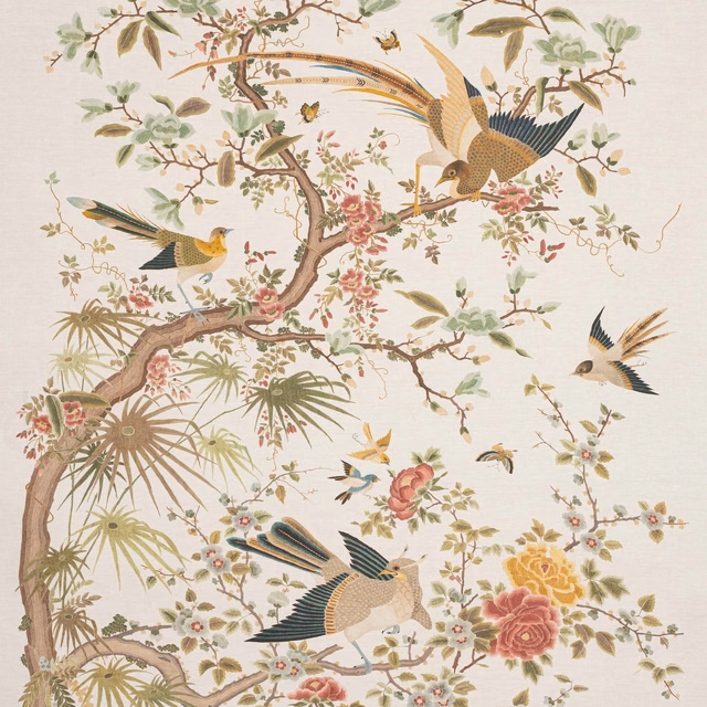 Ivory linen wallpaper with muted pink blossoms, green branches and colourful flying birds