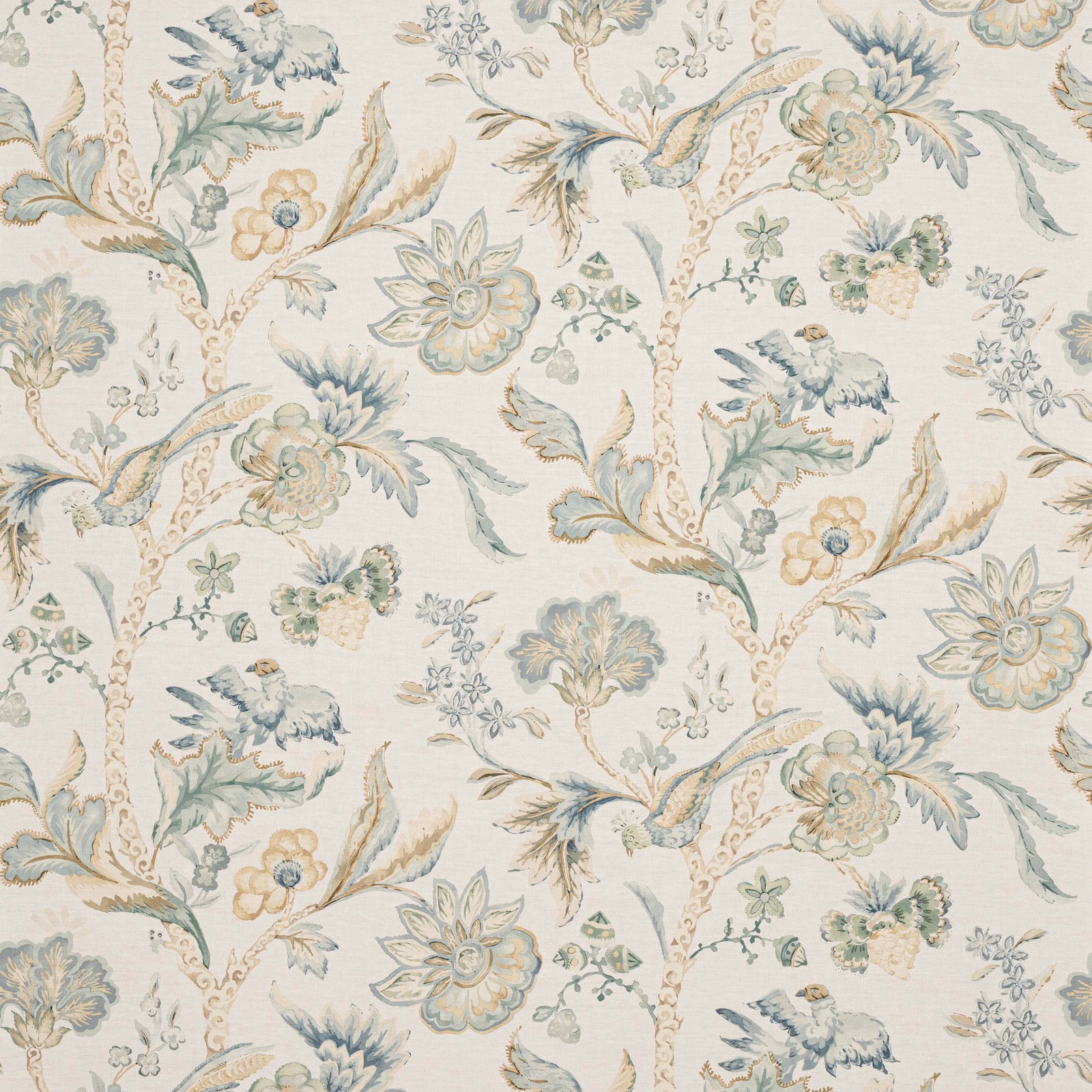 Muted aqua and beige floral botanical wallcovering with fine linen-like texture
