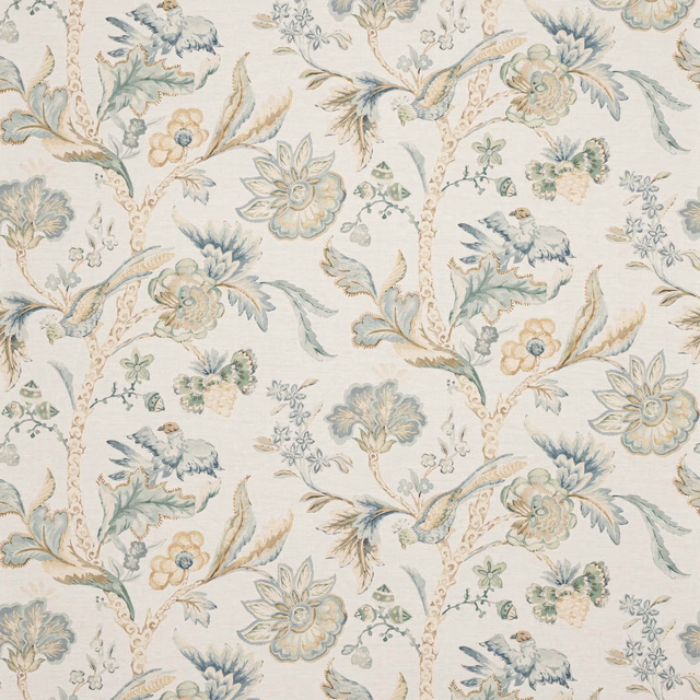 Muted aqua and beige floral botanical wallcovering with fine linen-like texture