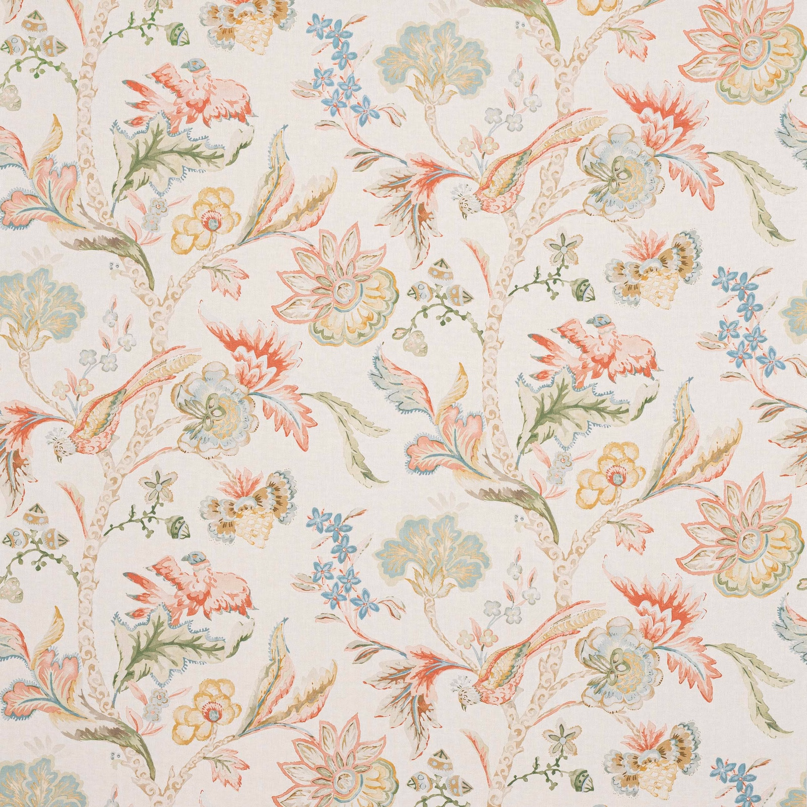 Ivory botanical wallcovering with coral flowers, sage leaves and pale blue details