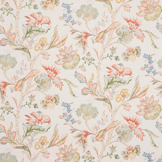 Ivory botanical wallcovering with coral flowers, sage leaves and pale blue details