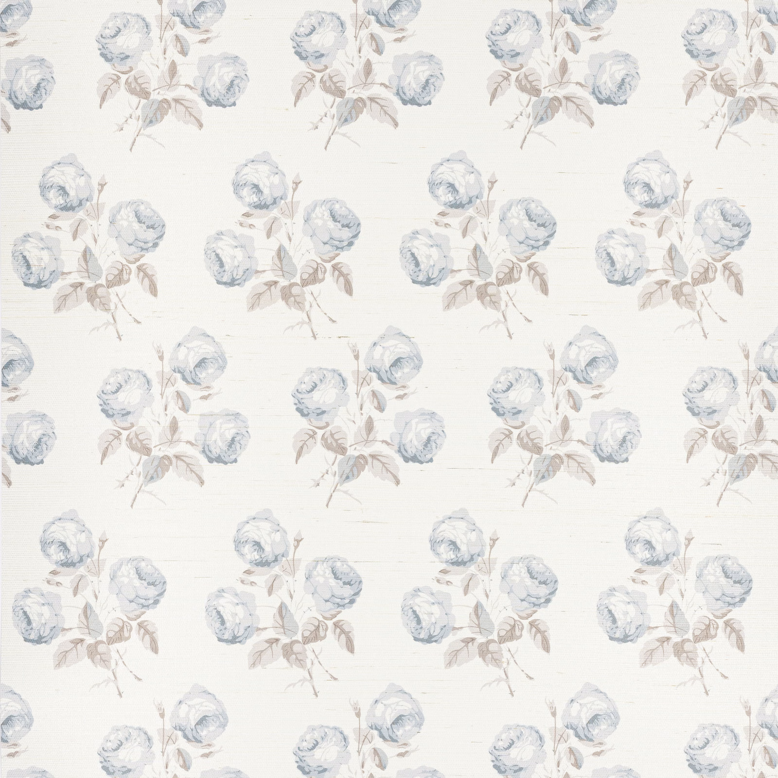 Pale blue-grey rose bouquets with taupe foliage on an ivory sisal ground