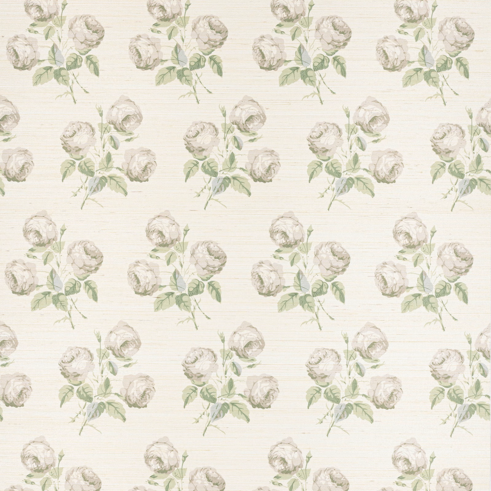 Silver-cream sisal wallpaper with muted rose bouquets and sage leaves